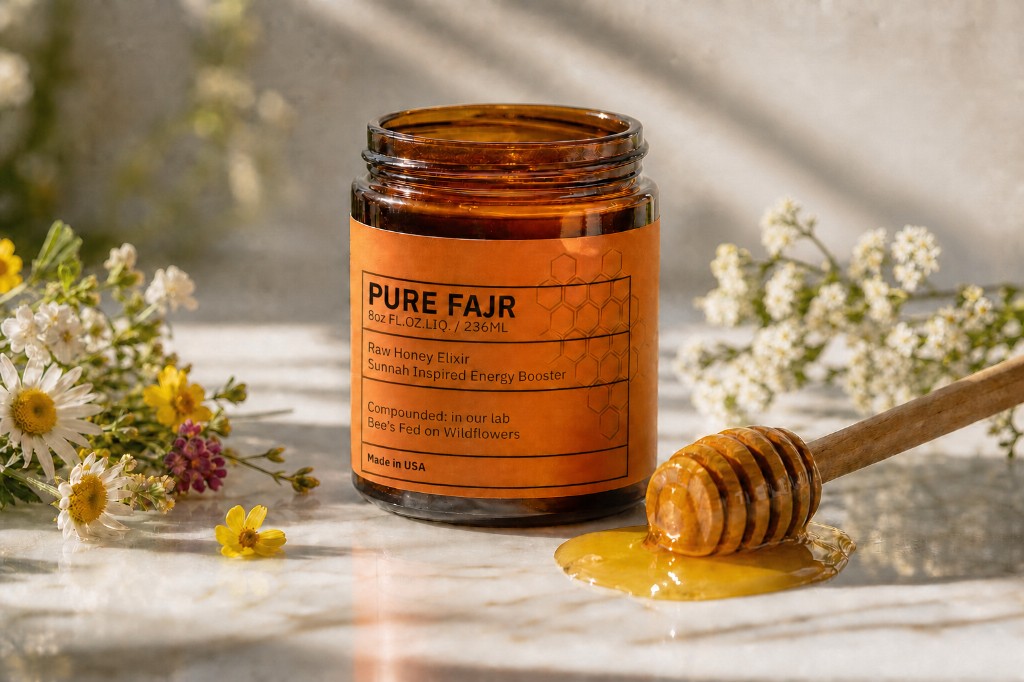 Pure Fajr jar in morning light beside a honey dipper